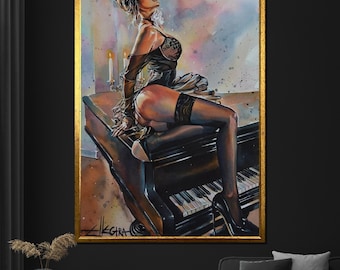 Sensual Woman on Piano Canvas Painting, Modern Wall Art for Living Room, Vertical Art Print, Home Decor Gift, Large Wall Art