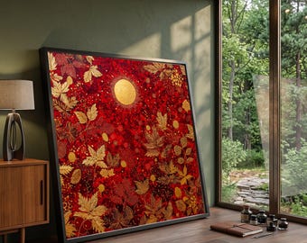 Golden Leaves Red Background Canvas, Abstract Floral Wall Art, Autumn Botanical Canvas, Vibrant Nature Scene, Elegant Home Decoration