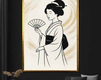Arte de pared de geisha japonesa con abanico, elegante kimono negro, blanco y dorado, estilo tradicional asiático, pintura en lienzo para regalo del hogar