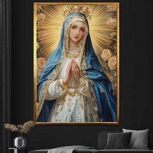 Virgin Mary Praying Canvas Painting, Religious Wall Art, Christian Home Decor, Spiritual Artwork, Faith-Inspired Gift