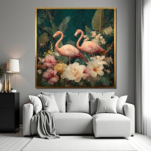 Pink Flamingo Canvas Wall Art, Tropical Birds with Exotic Flowers, Colorful Jungle Botanical Artwork for Living Room or Bedroom Decor