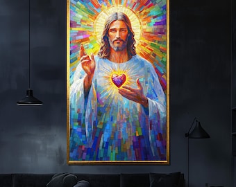 Sacred Heart of Jesus Mosaic Canvas Painting, Religious Wall Art, Christian Home Decor, Spiritual Artwork, Faith-Inspired Gift