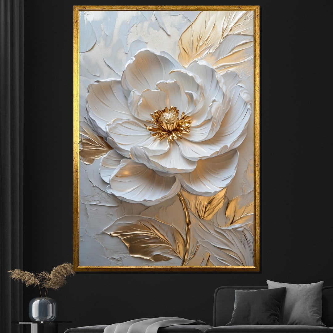 Gold and White Peony Canvas Painting Floral Wall Art for Living Room ...