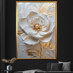 Pintura en lienzo de peonía dorada y blanca, arte floral de pared para sala de estar, decoración moderna y elegante, regalo
