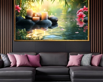 Zen Candle and Bamboo Canvas Painting Relaxing Spa Wall Art for Home Decor Peaceful Gift Idea