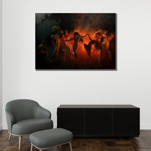 Mystical Fire Dance Canvas Painting, Dramatic Wall Art, Ethereal Women Dancing, Fiery Scene Artwork, Unique Home Decor, Gift image 6