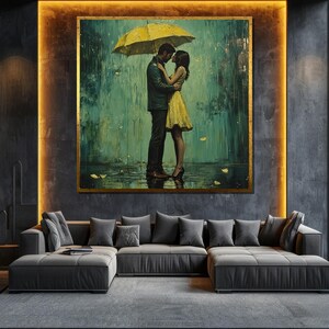 Romantic Couple Under Umbrella Canvas Painting Rainy Wall Art for Living Room Love Inspired Decor Gift