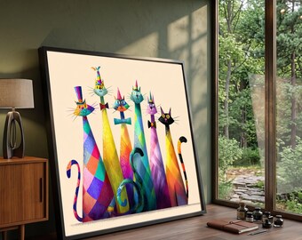 Colorful Party Cats Canvas, Whimsical Cat Wall Art, Vibrant Feline Illustration, Playful Home Decor, Modern Animal Canvas Print