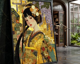 Elegant Geisha Portrait Canvas, Traditional Kimono Wall Art, Japanese Culture Decoration, Floral Hairpiece Canvas, Oriental Home Art Design