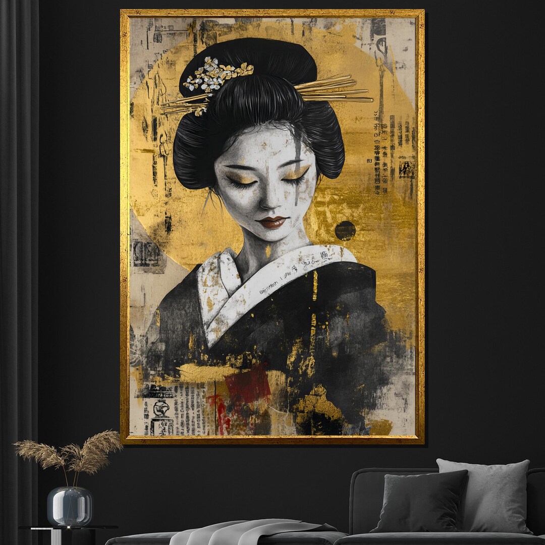 Golden Geisha Canvas Painting, Elegant Japanese Wall Art, Black and ...