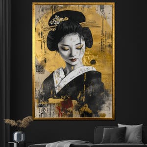 Golden Geisha Canvas Painting, Elegant Japanese Wall Art, Black and Gold Asian-Inspired Gift for Home Decor