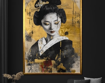 Cuadro sobre lienzo de geisha dorada, elegante arte mural japonés, regalo de inspiración asiática en negro y dorado para la decoración del hogar
