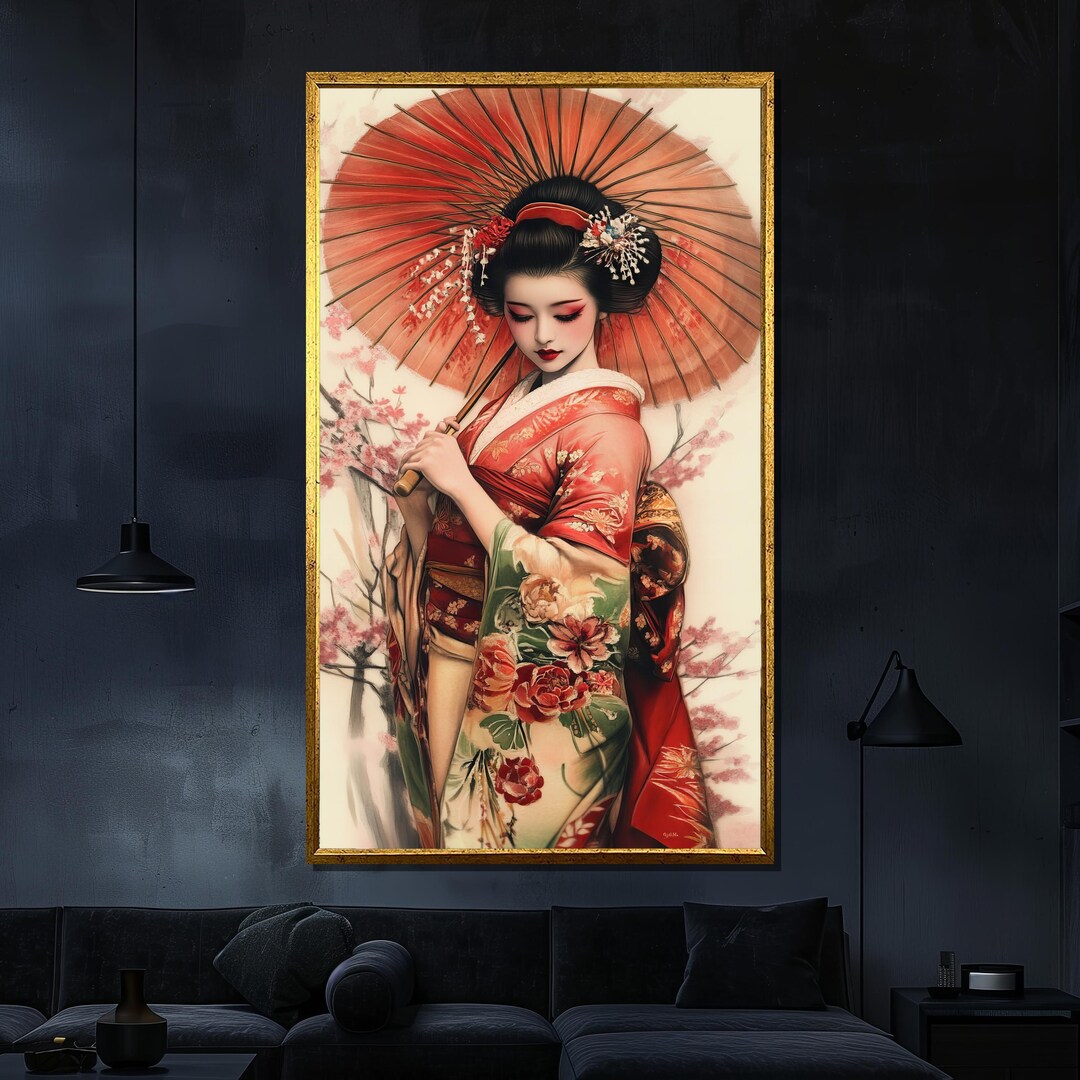 日本の芸者キャンバス絵画 伝統的な着物アート エレガントな壁装飾