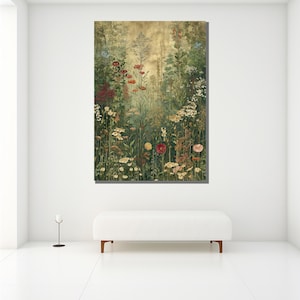 May include: A large framed artwork depicting a vibrant meadow scene. The artwork features a variety of wildflowers in shades of red, yellow, and white, set against a backdrop of green foliage and a golden-toned sky. The artwork is displayed above a white bench.