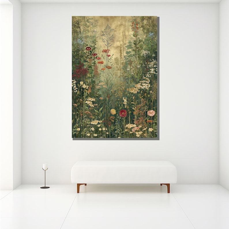 May include: A large framed artwork depicting a vibrant meadow scene. The artwork features a variety of wildflowers in shades of red, yellow, and white, set against a backdrop of green foliage and a golden-toned sky. The artwork is displayed above a white bench.