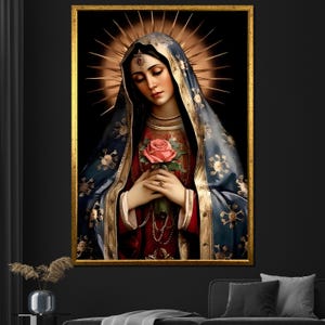 Virgin Mary Canvas Painting, Religious Wall Art, Holy Mother with Rose, Catholic Decor Gift, Spiritual Artwork for Home
