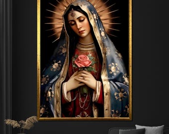 Virgin Mary Canvas Painting, Religious Wall Art, Holy Mother with Rose, Catholic Decor Gift, Spiritual Artwork for Home