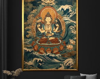 Avalokiteshvara canvas painting, spiritual wall art with waves and lotus, Buddhist deity decor, serene meditation gift canvas print