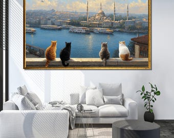 Canvas Painting of Istanbul Bosphorus View with Cats and Mosque – Turkish Cityscape Wall Art for Gift or Modern Decor