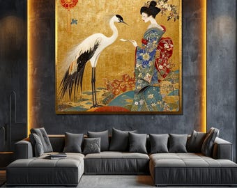 Japanese Crane and Geisha Canvas Painting, Elegant Gold Wall Art, Asian-Inspired Gift for Home Decor