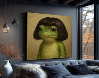 Quirky Frog Portrait Canvas, Surreal Animal Art, Whimsical Frog with Bob Haircut, Unique Creature Wall Decor, Fun Home Canvas Art