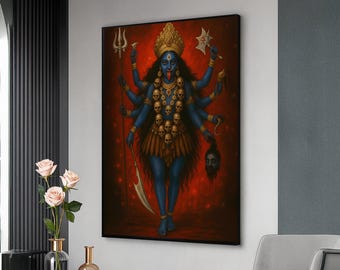 Arte mural en lienzo de la diosa Kali, pintura de una deidad hindú, decoración espiritual oscura, lienzo de mitología india, obra de arte divina de múltiples brazos, hogar sagrado