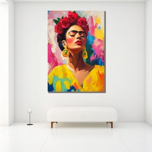 Pintura en lienzo de Frida Kahlo, arte de pared colorido, retrato de ícono mexicano, decoración de pared grande, regalo único para amantes del arte imagen 6