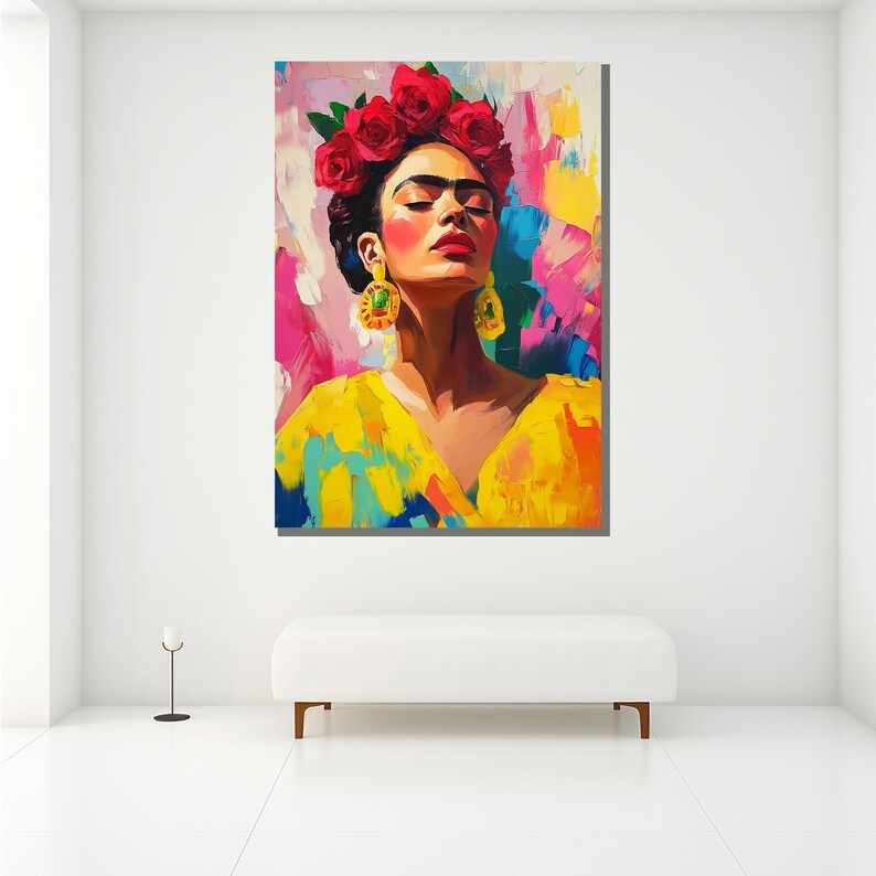 Pintura en lienzo de Frida Kahlo, arte de pared colorido, retrato de ícono mexicano, decoración de pared grande, regalo único para amantes del arte imagen 6