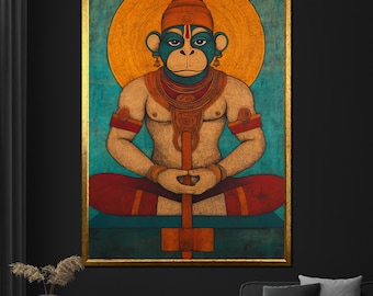 Hanuman Inspired Canvas Painting - Vibrant Indian Mythology Wall Art, Spiritual Decor, Perfect Gift for Meditation Lovers