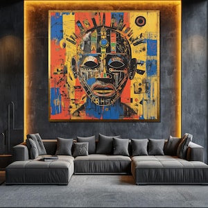Abstract Tribal Mask Canvas Painting, Bold and Colorful Wall Art, Afrocentric Gift for Home Decor