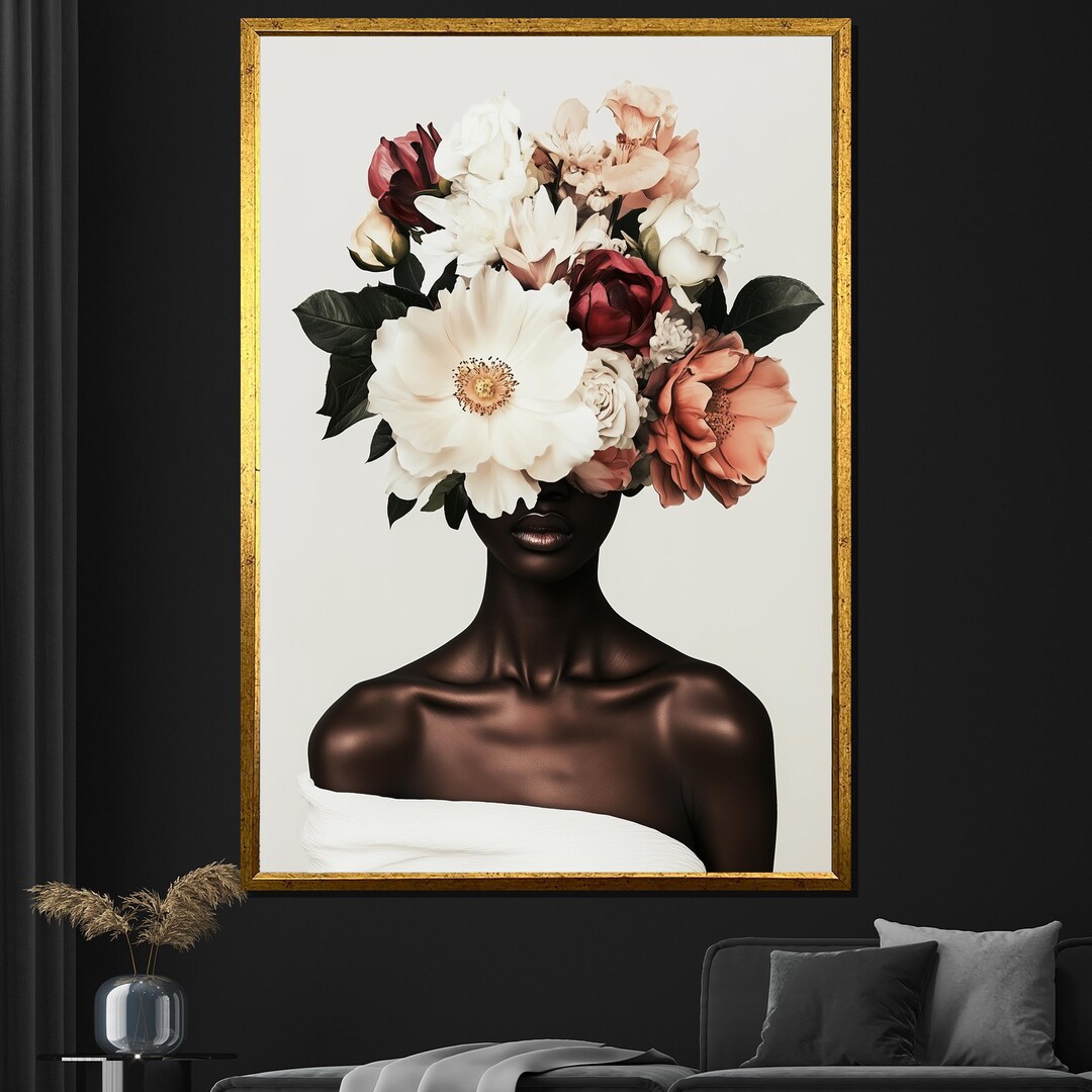 Elegant Floral Portrait Canvas Painting Black Woman Wall Art Modern ...