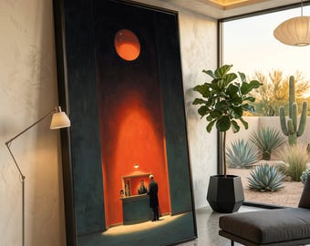 Mysterious Lobby Scene Canvas, Dramatic Light and Shadow Wall Art, Vintage Interior Canvas, Elegant Home Decoration, Contemporary Figurative