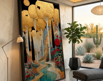 Golden Forest Pathway Canvas, Enchanted Landscape Wall Art, Red Roses Floral Canvas, Mystical Woodland River, Home Decoration Canvas