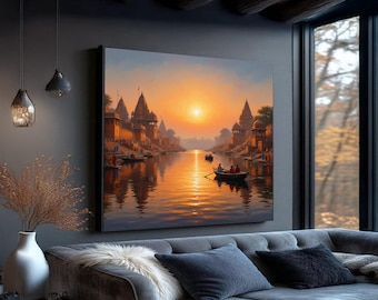 Sunset on Ganges River Canvas, Indian Temple Wall Art, Spiritual Landscape Painting, Varanasi Sunrise Canvas, Ethnic Home Decor
