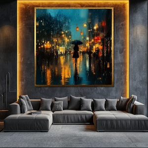 Rainy Night Cityscape Canvas Painting - Elegant Urban Wall Art with Reflections for Living Room Decor