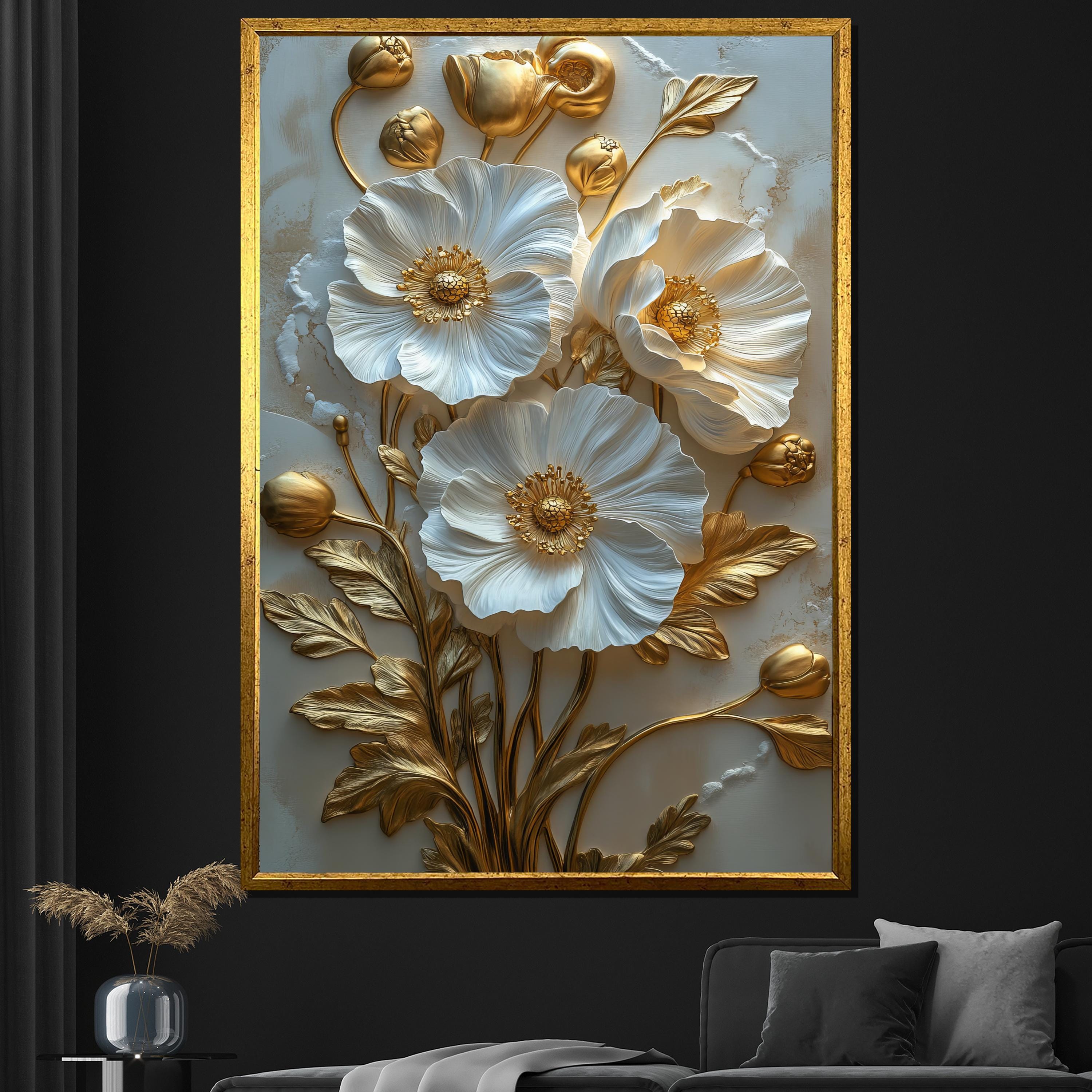 3D Gold and White Floral Canvas Painting Luxury Wall Art for Living ...