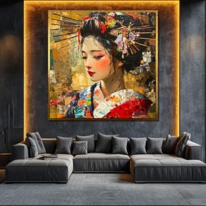 Pintura em tela de gueixa colorida, arte de parede japonesa abstrata, presente vibrante de inspiração asiática para decoração de casa