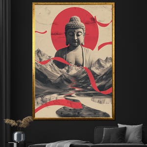 Zen Buddha Canvas Painting Japanese Inspired Wall Art Red and Gold Modern Home Decor Spiritual Gift Idea for Meditation Space