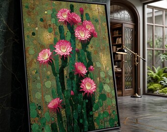Pink Cactus Blooms Canvas, Desert Floral Wall Art, Botanical Canvas Decoration, Vibrant Nature Plants Art, Ready to Hang Home Decor