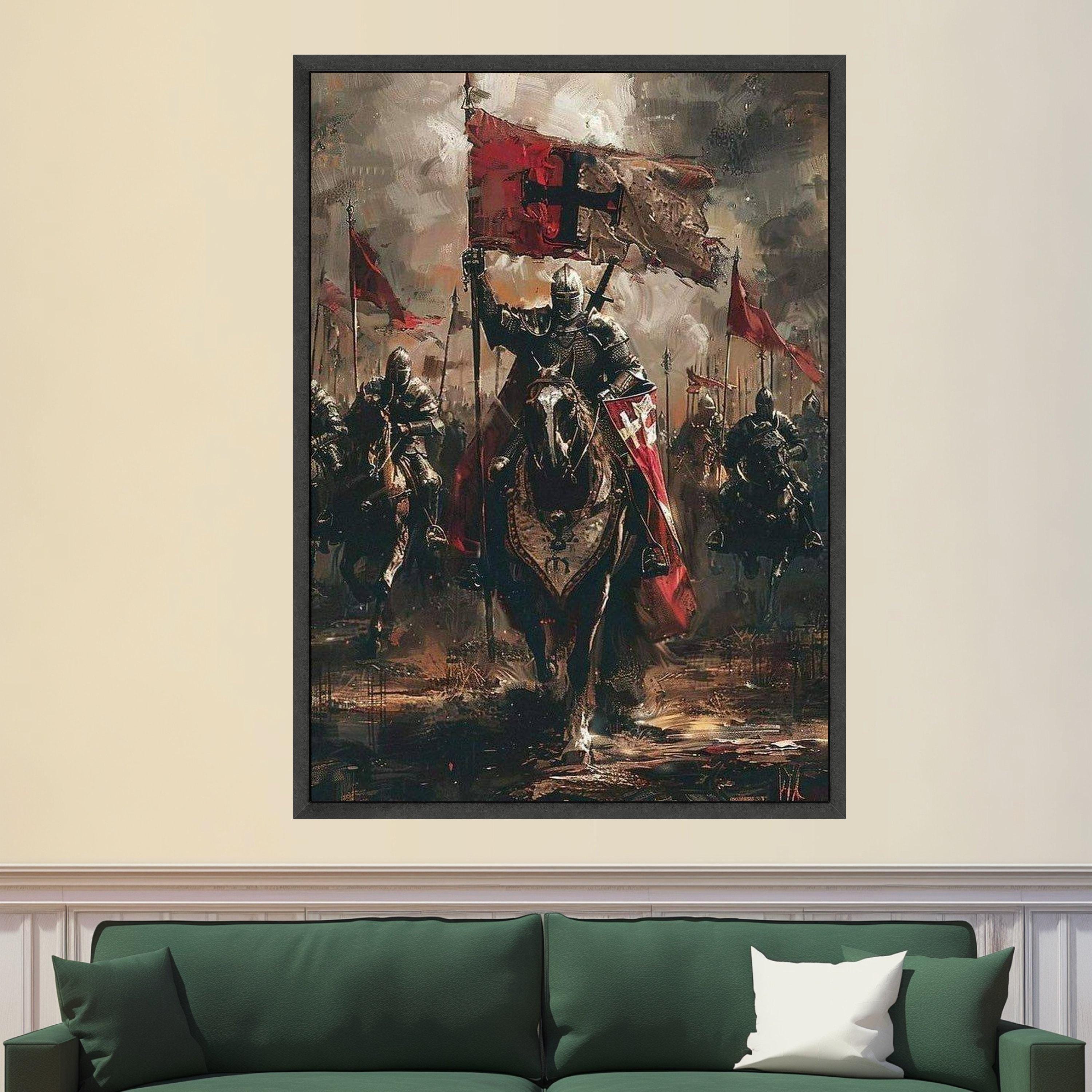 Medieval Knight Cavalry Canvas Wall Art, Crusader Horseman Painting ...