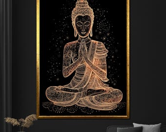 Golden Buddha Canvas Painting Intricate Line Art Wall Decor Elegant Spiritual Gift for Meditation and Zen Spaces