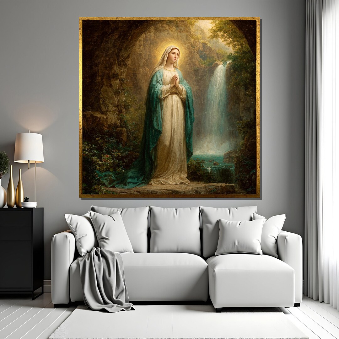 Virgin Mary Canvas Painting - Sacred Religious Wall Art With Waterfall ...