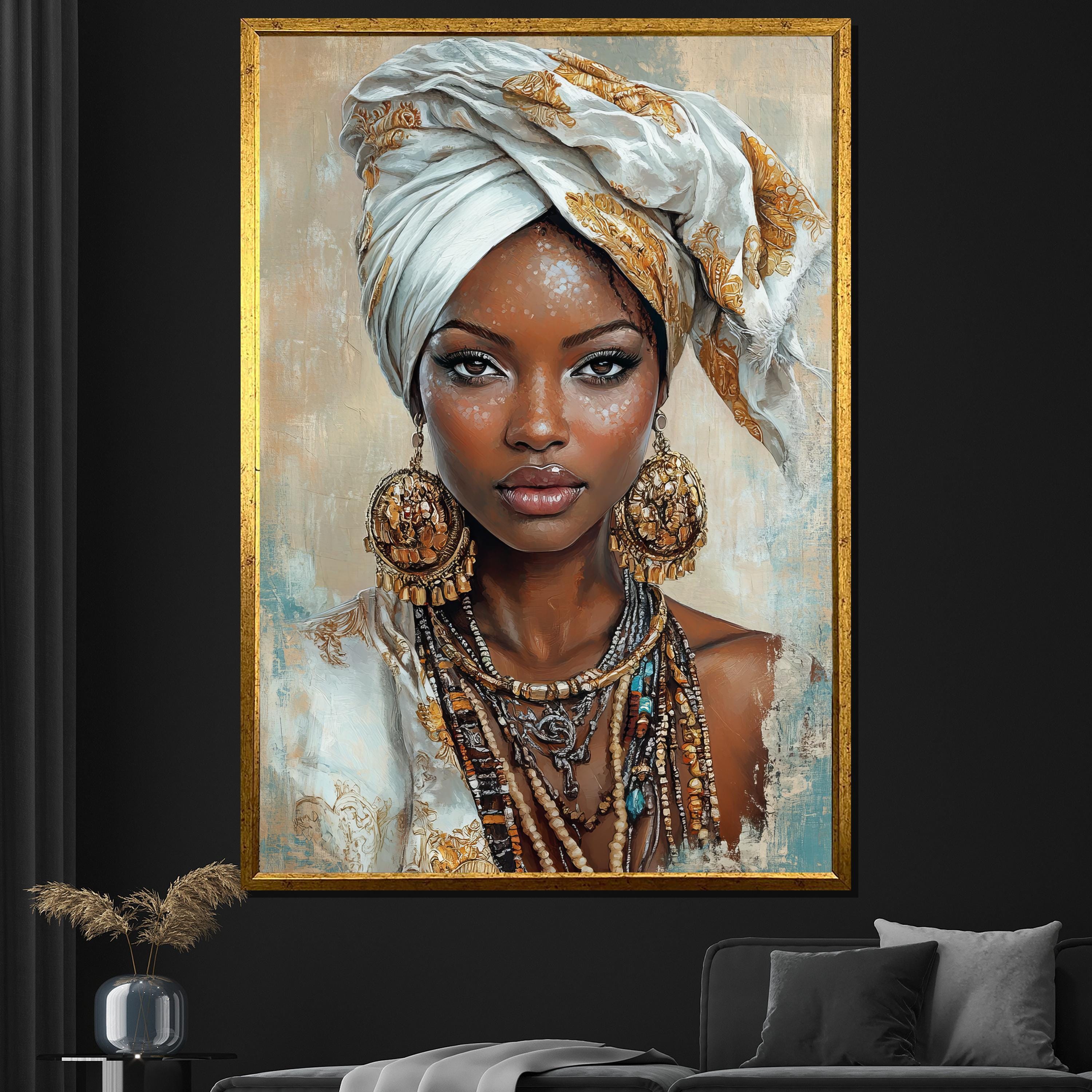 African Woman Portrait Canvas Painting - Elegant Cultural Wall Art, Bold Tribal Decor, Perfect Gift for Art Lovers