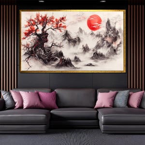 Traditional Japanese Landscape Canvas Painting, Red Sun and Mountain Wall Art, Elegant Asian-Inspired Gift for Home Decor