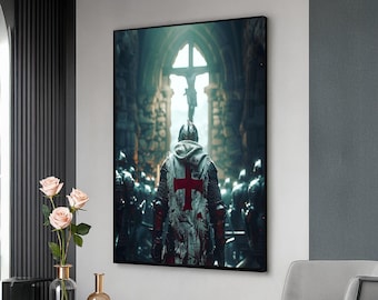 Medieval Knight Templar Canvas, Crusader Armor Wall Art, Historic Warrior Decor, Gothic Church Scene, Inspirational Canvas Print