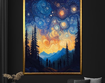 Starry Night in Forest Canvas Painting Nature Wall Art for Home Decor and Stargazing Lovers Gift