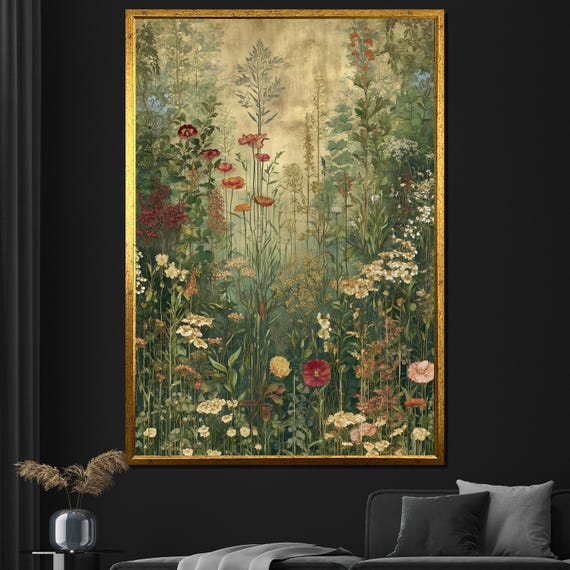 Gustav Klimt Floral Garden Canvas – Decorative Golden Botanical Wall Art with Vintage Flower Motifs for Elegant Home Decor Gift