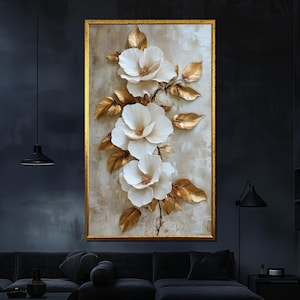 Gold and White 3D Floral Canvas Painting Luxury Wall Art for Living Room Elegant Modern Decor Gift