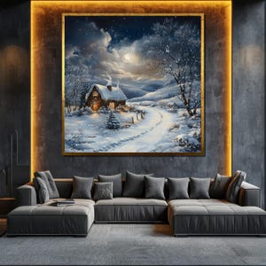 Winter Night Cabin Canvas Painting - Snowy Landscape Wall Art for Living Room Decor, Cozy Holiday Gift