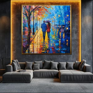 Colorful Rainy Night Couple Canvas Painting, Romantic Street Wall Art, Love Inspired Decor, Perfect Gift for Anniversary